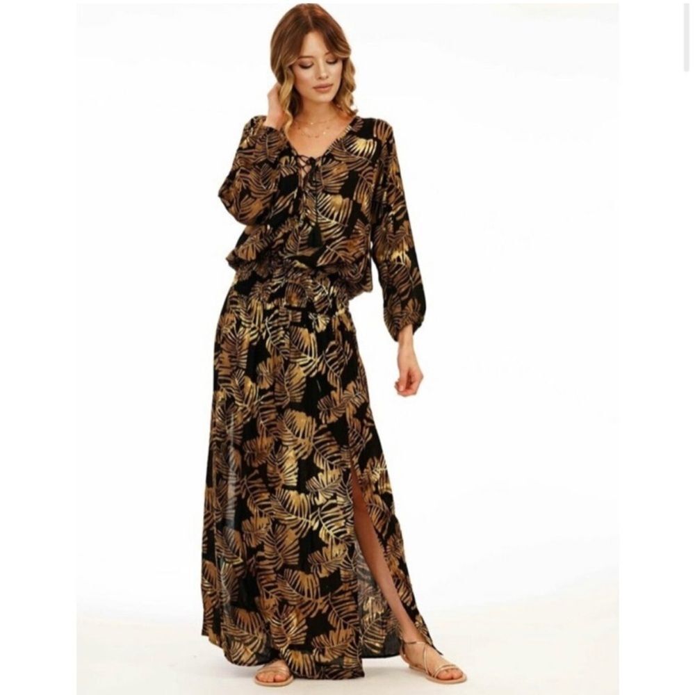 Black and Gold Leaf Print Maxi Dress - Women
